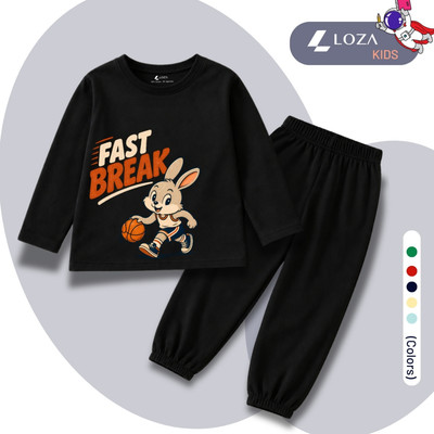 Bộ thu đông bé trai  in hình Thỏ đá bóng- Bộ quần áo dài tay cho bé trai cân nặng từ 15-43kg - Loza Kids BW745
