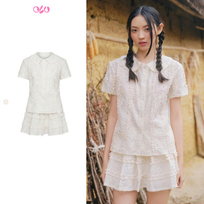 Set OLV áo và chân váy ren hoa dễ thương Cream Lace Chiffon Fleur Collar Set phù hợp đi chơi