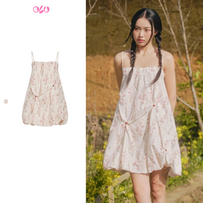 Đầm OLV babydoll hoa nhí kem Cream Fleur Muslin Puff Ruffled Dress phù hợp đi chơi đi biển