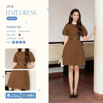 Váy Thiết Kế Nữ YAME Cổ Tròn, Đầm Nữ Dự Tiệc, Đầm Công Sở Dáng A Dài 90cm Có Cổ Khóa Kéo, Kèm Tắt Lưng Da-HAZE YV1022