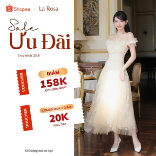 Váy Đi Cưới, Đầm Đi Bàn Cô Dâu LA ROSA Thiết Kế Dáng Dài Trễ Vai Đính Hoa Tiểu Thư, Thanh Lịch V1244