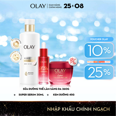 Combo3:Sữa Dưỡng Thể OLAY Làm Sáng Da & Kem Dưỡng OLAY Super Collagen Peptides 45G& Serum Ultra Firming Da Săn Chắc 30ML