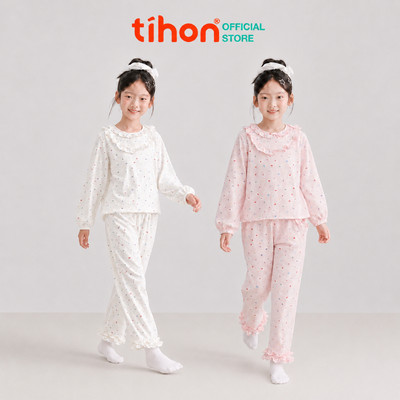Set bộ bé gái TIHON cao cấp set dài tay chất đũi  thô mềm viền bèo họa tiết nơ ngọt ngào SET0744359