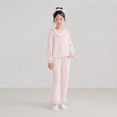 Đồ bộ bé gái TIHON cao cấp set dài tay chất đũi mềm cổ bèo gấu quần bo bèo họa tiết nơ SET0744359