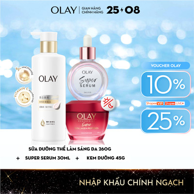 Combo3: Sữa Dưỡng Thể OLAY Làm Sáng Da & Super Serum 5in1 & Kem Dưỡng OLAY Super Collagen Peptides 45G (260g+30ml+45g)