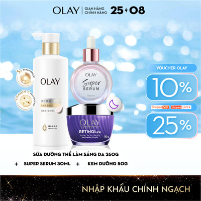 Combo3: Sữa Dưỡng Thể OLAY Làm Sáng Da & Super Serum 5in1 & Kem Dưỡng OLAY Retinol 50g (260g+30ml+50g)