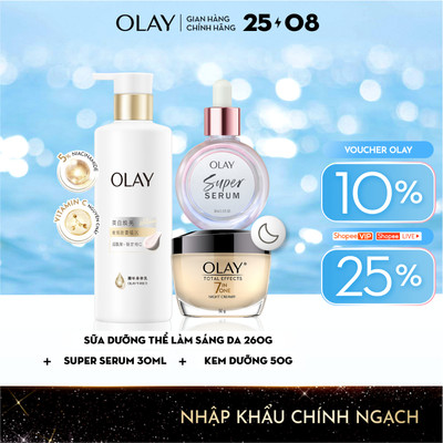 Combo3: Sữa Dưỡng Thể OLAY Làm Sáng Da & Super Serum 5in1 & Kem Dưỡng Đêm OLAY TE 50g (260g+30ml+50g)