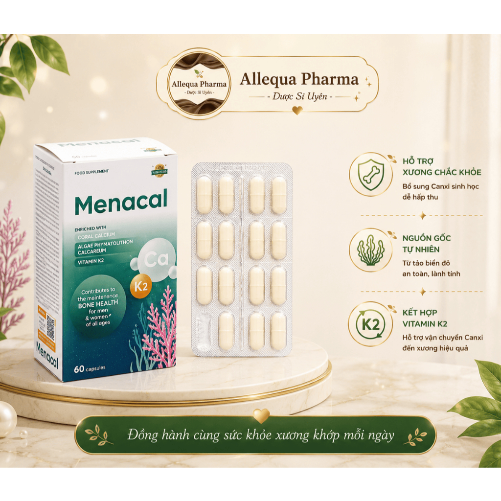 Menacal - Bổ Sung Canxi Tự Nhiên Từ Tảo Biển, D3K2 Dễ Hấp Thu, Không Gây Nóng Trong - Hộp 60 Viên
