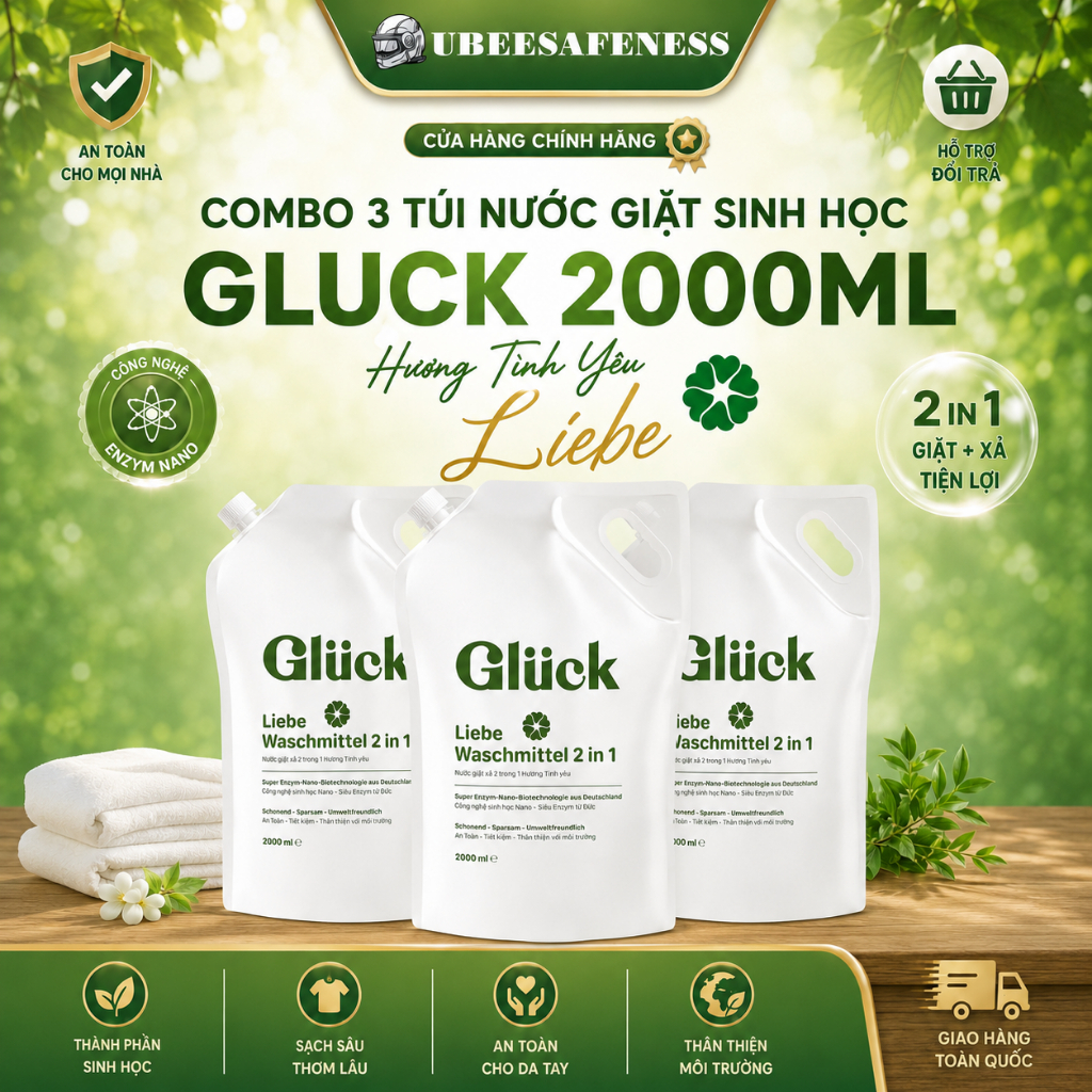Combo 3 túi nước giặt sinh học GLUCK 2000ml, hương tình yêu Liebe Chính Hãng
