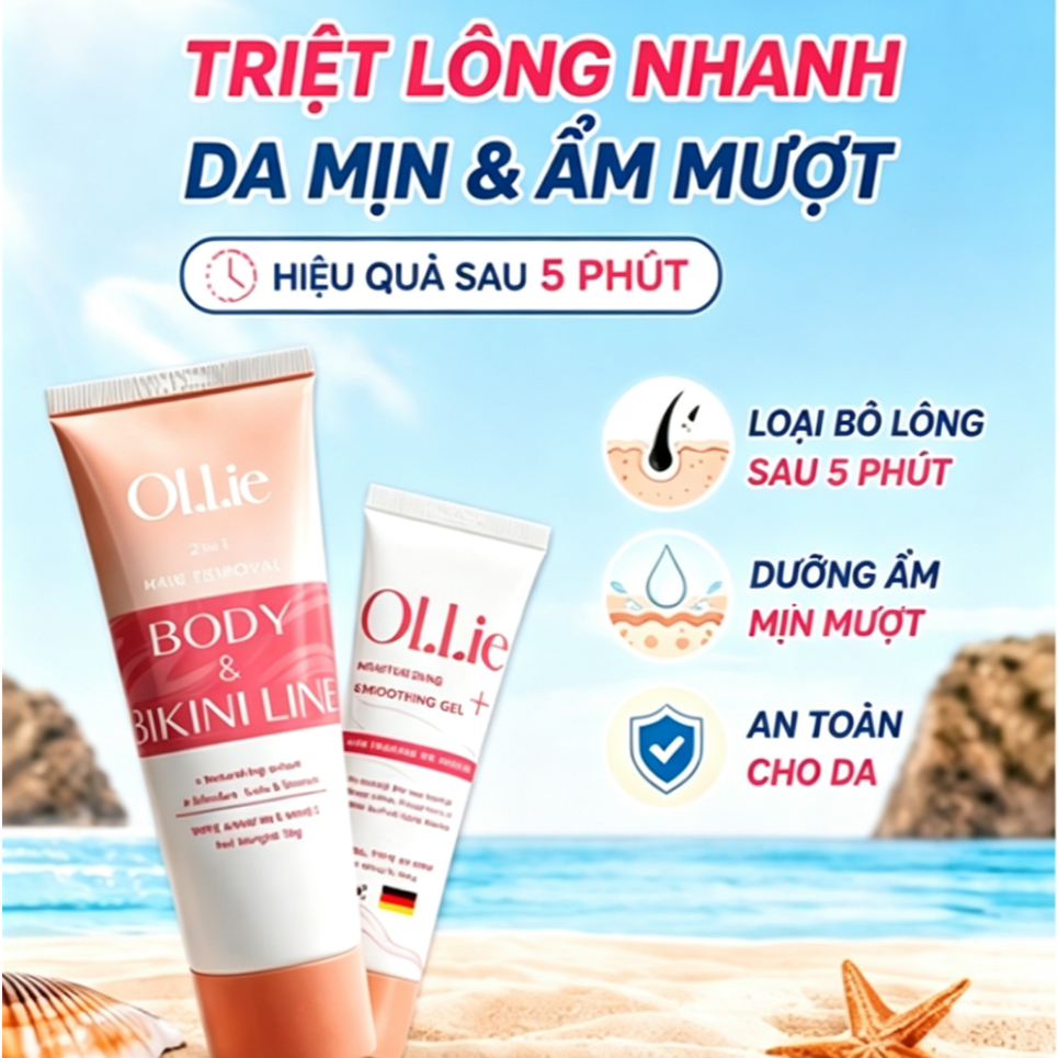 Combo Kem tẩy lông OLLIE+kem dưỡng, tẩy lông vùng kín, nách, tay, chân 70g dưỡng ẩm da, an toàn