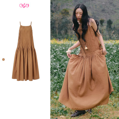Đầm maxi OLV 2 dây nhún ly thanh lịch Brown Cotton Strappy Smocked Maxi Dress