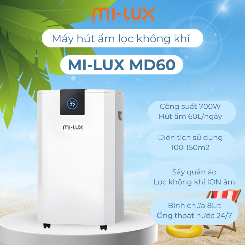 Máy hút ẩm lọc không khí thông minh, Ion âm MILUXURY MD60 công suất lớn 60L, công suất 700W