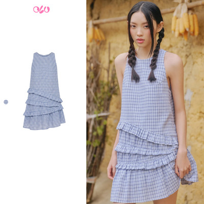 Đầm suông OLV ngắn tầng bèo Blue Checked Halter Tiered Mini Dress phù hợp đi chơi