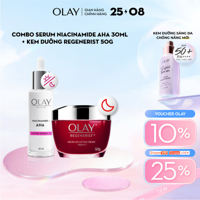 Combo 2: Kem Dưỡng Ẩm Ban Đêm OLAY REGENERIST + Super Serum OLAY LUMINOUS AHA Dưỡng Sáng Da, Mờ Thâm Mụn (50G + 30ML)