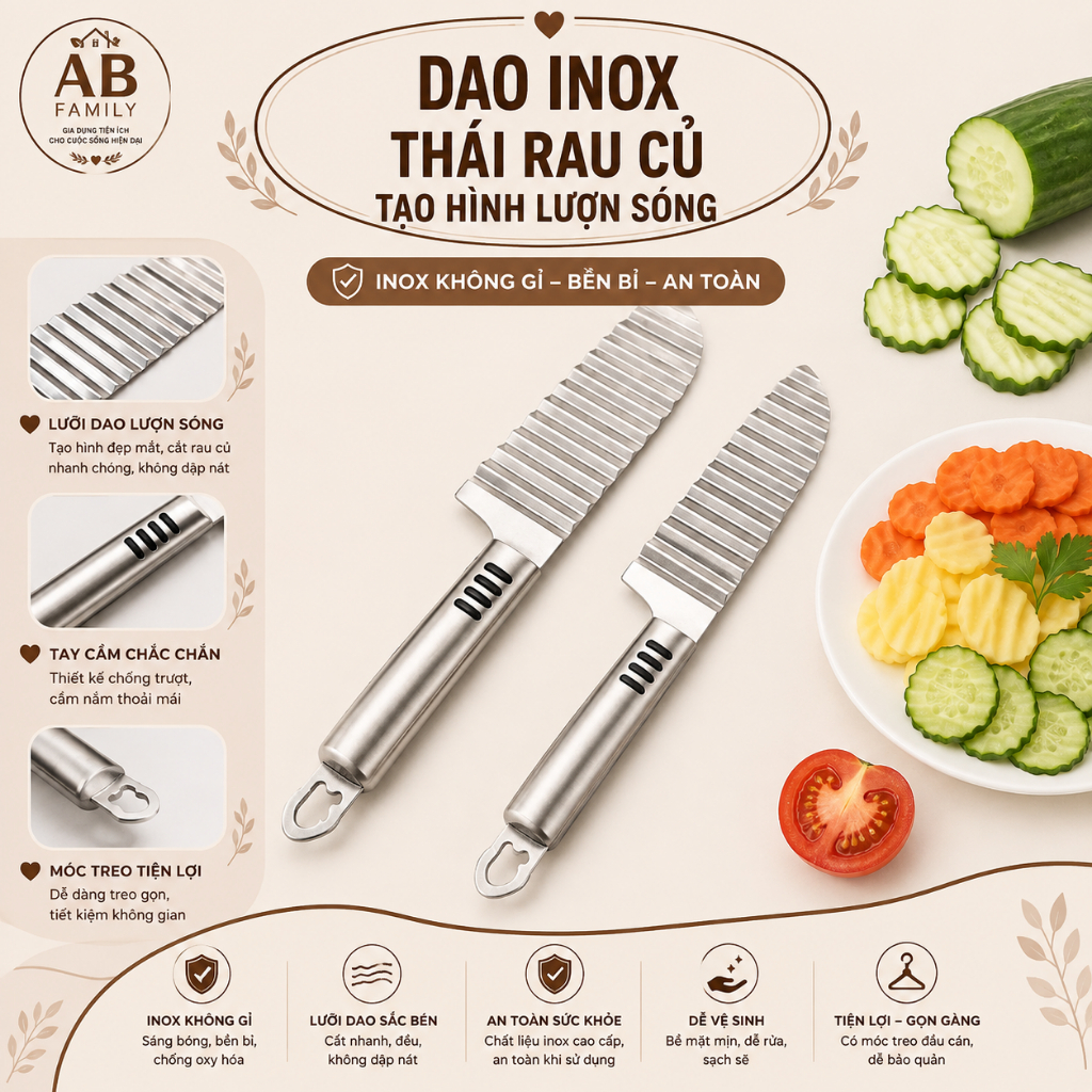 Dao Cắt Lát Sóng Rau Củ Quả Inox 304, Dao Cắt Tỉa Tạo Hình Củ Quả, Dao Thái Thạch Làm Chè