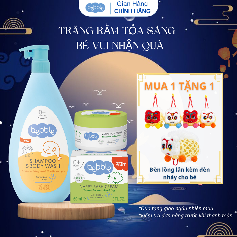 Combo Kem hăm tã Bebble Nappy Rash 60ml + Sữa tắm gội Bebble Hoa Cúc không cay mắt, 400ml