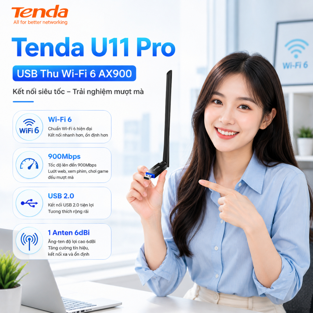 USB WiFi 6 Tenda U11 Pro AX900 900Mbps , AX300 2 Băng Tần 2.4G/5G, Anten 6dBi Cho PC Laptop
