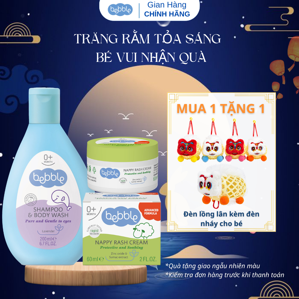 Combo sữa tắm gội Bebble 200ml, kem hăm tã mẩn ngứa Bebble 60ml dành cho trẻ sơ sinh từ 0 tháng tuổi