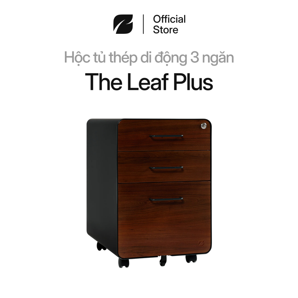 Tủ tài liệu di động The Leaf Plus, hộc tủ văn phòng 3 ngăn có bánh xe màu walnut