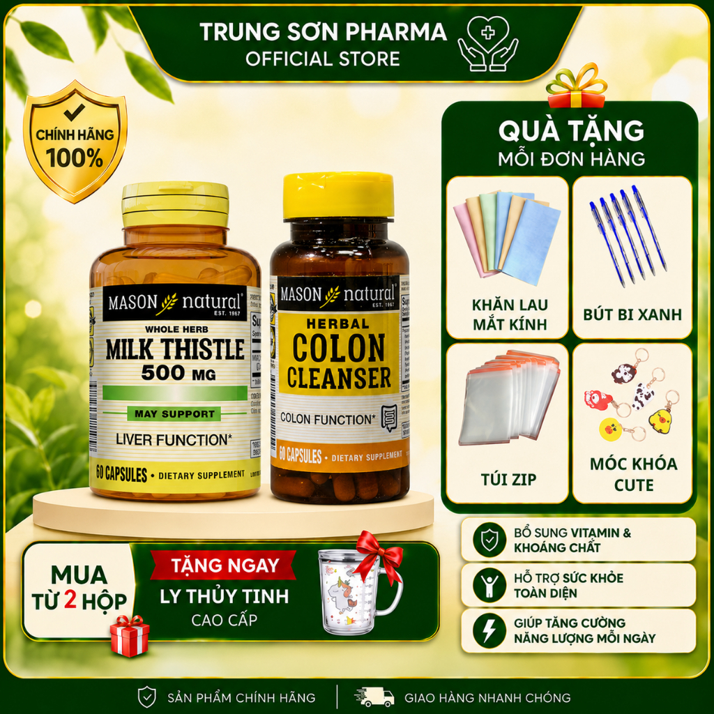 [NHẬP KHẨU] Viên Uống MASON NATURAL Colon Herbal Cleanser Lọ 100 viên + Milk Thistle  500mg Hộp 60v