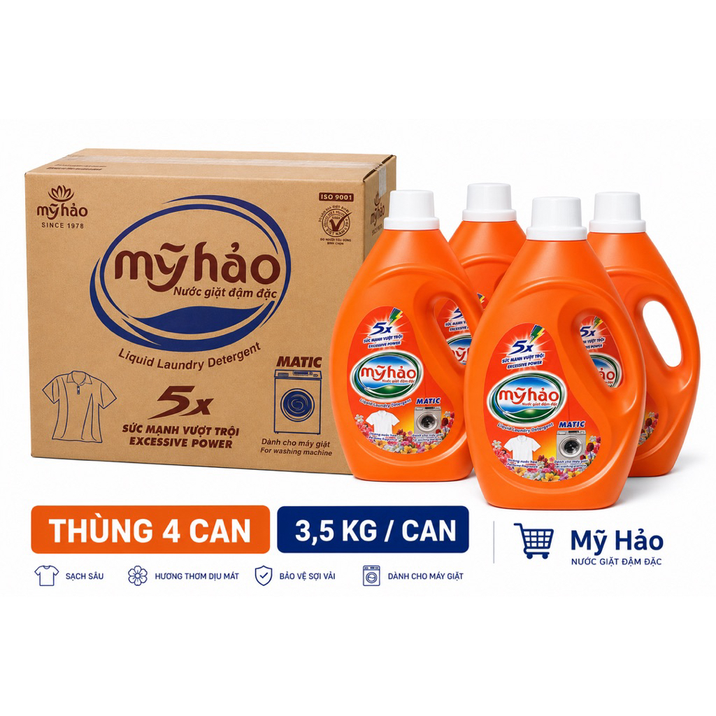Nước Giặt Mỹ Hảo 5X Matic 3,5kg/Can – Thùng 4 Can, Nước Giặt Đậm Đặc Dành Cho Máy Giặt