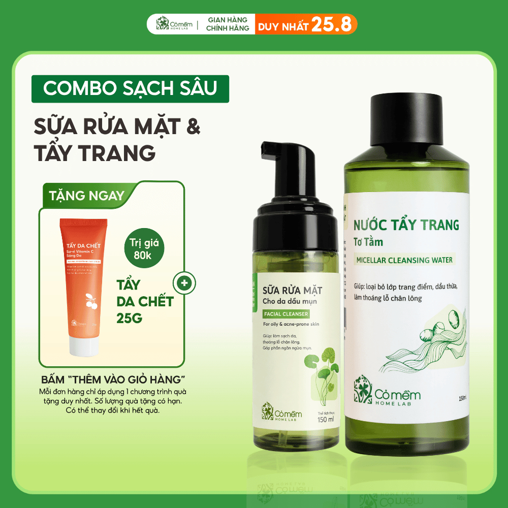 Bộ Chăm Sóc Da 2 Bước Nước Tẩy Trang Và Bọt Rửa Mặt Mọi Loại Da Cỏ Mềm