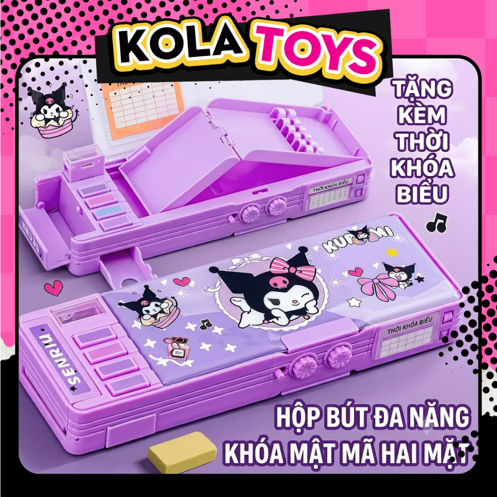 Hộp bút nhiều ngăn đa năng cho bé trai bé gái có khóa mật khẩu 2 lớp chủ đề Kuromi/Melody KoLa