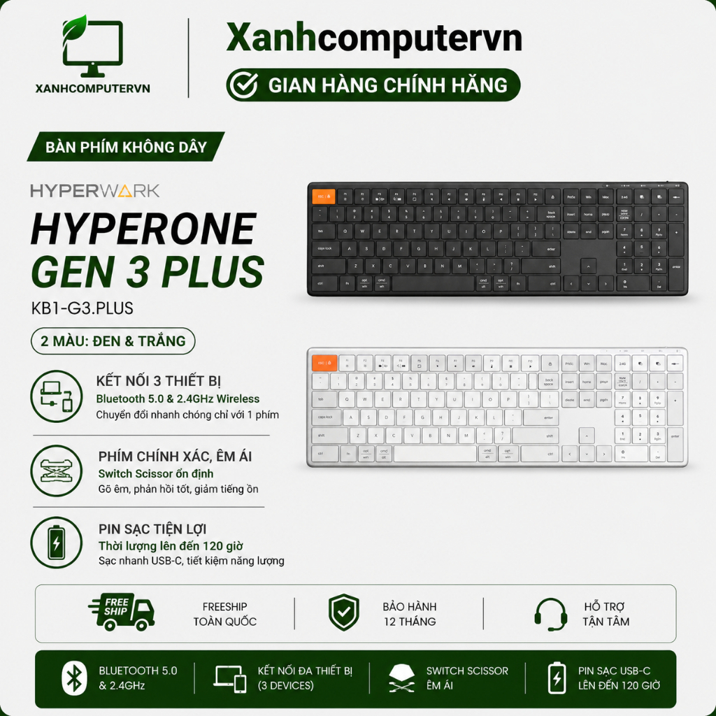 Bàn phím không dây HyperWork Hyperone Gen 3 Plus KB1-G3.Plus