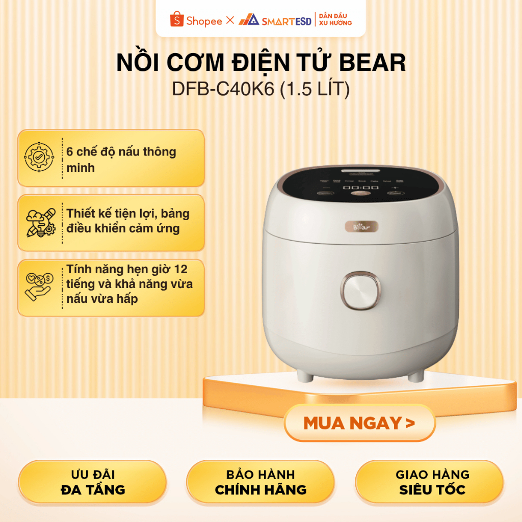 Nồi cơm điện 1.5L Bear DFB-C40K6 (RC-4H40E), 800W - Chống dính 5 lớp - 6 chế độ nấu, BH 18 tháng