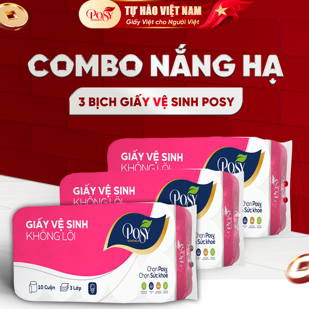 [COMBO NẮNG HẠ] - Combo 3 bịch giấy vệ sinh POSY 10 cuộn 3 lớp có lõi/ không lõi mềm mịn, dễ tan tro