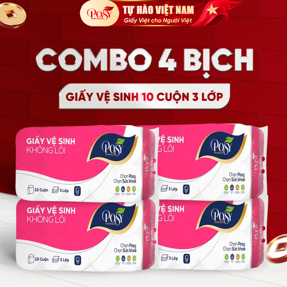 COMBO 4 BỊCH giấy vệ sinh Posy 10 cuộn 3 lớp, tổng 40 cuộn/combo có lõi hoặc không lõi dễ tan trong 