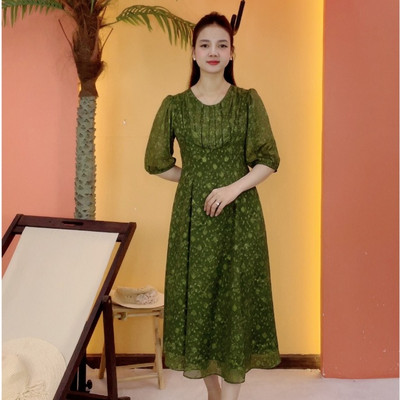 Đầm xòe trung niên cho mẹ - Cổ tròn nhúng tay lỡ - Xanh rêu hoa - TTV2110