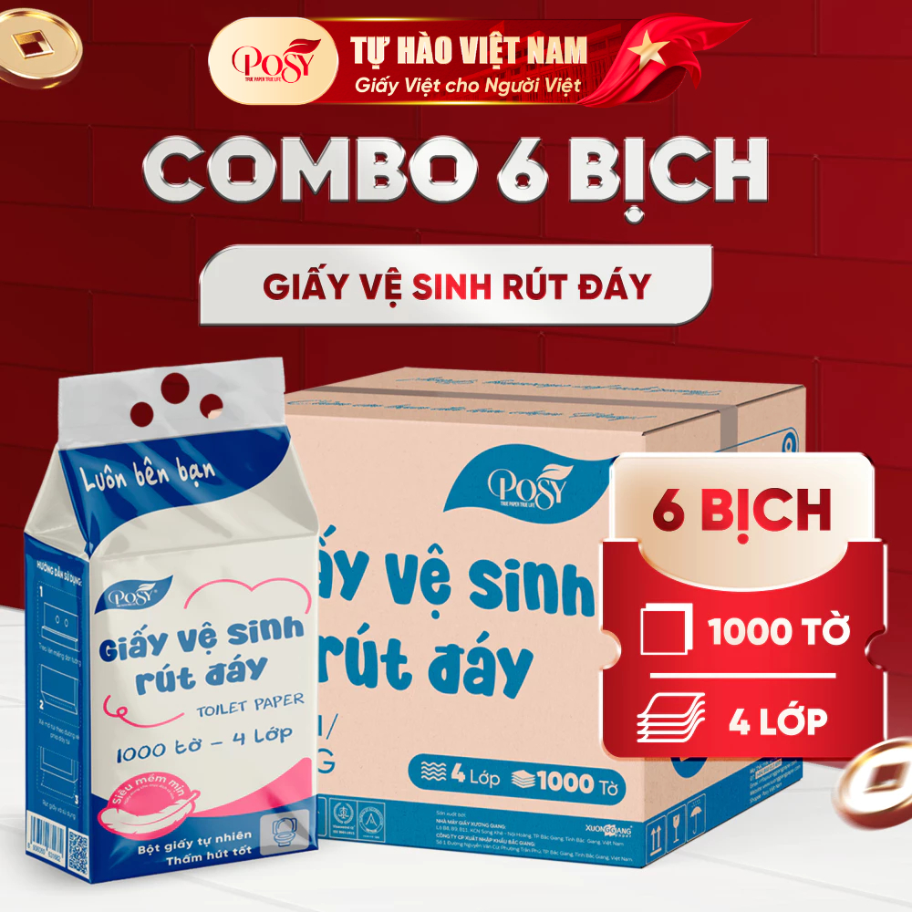 Thùng 6 bịch giấy vệ sinh rút đáy Posy 1000 tờ 4 lớp mềm dai, thấm hút, tặng kèm 2 móc treo đơn