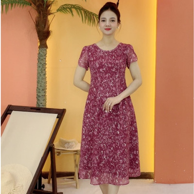 Đầm suông xòe trung niên cho mẹ - Cổ tròn tay ngắn - Hồng hoa - TTV2111