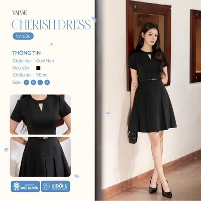 Váy Thiết Kế Nữ YAME Dài 90cm, Đầm Công Sở Dáng A Cổ Tròn Tùng Váy Xếp Ly To Kèm Đai Da, Đầm Nữ Dự Tiệc - CHERISH YV1026