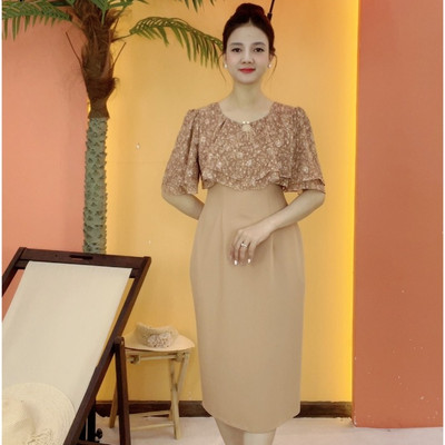 Đầm body trung niên cho mẹ - Cổ tròn tay loe tầng - Da hoa - TTV2113
