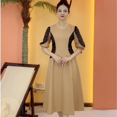 Đầm suông xòe trung niên cho mẹ - Cổ tròn tay lỡ - Màu Da- TTV2114