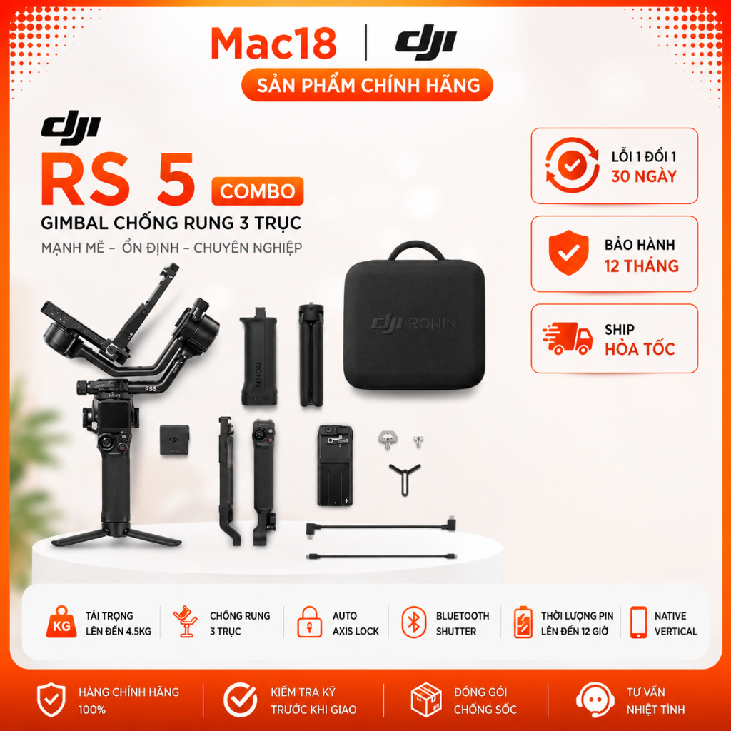 Gimbal DJI RS 5 Combo Chính Hãng | Gimbal Chống Rung 3 Trục Cho Máy Ảnh | Auto Axis Lock, Tracking T