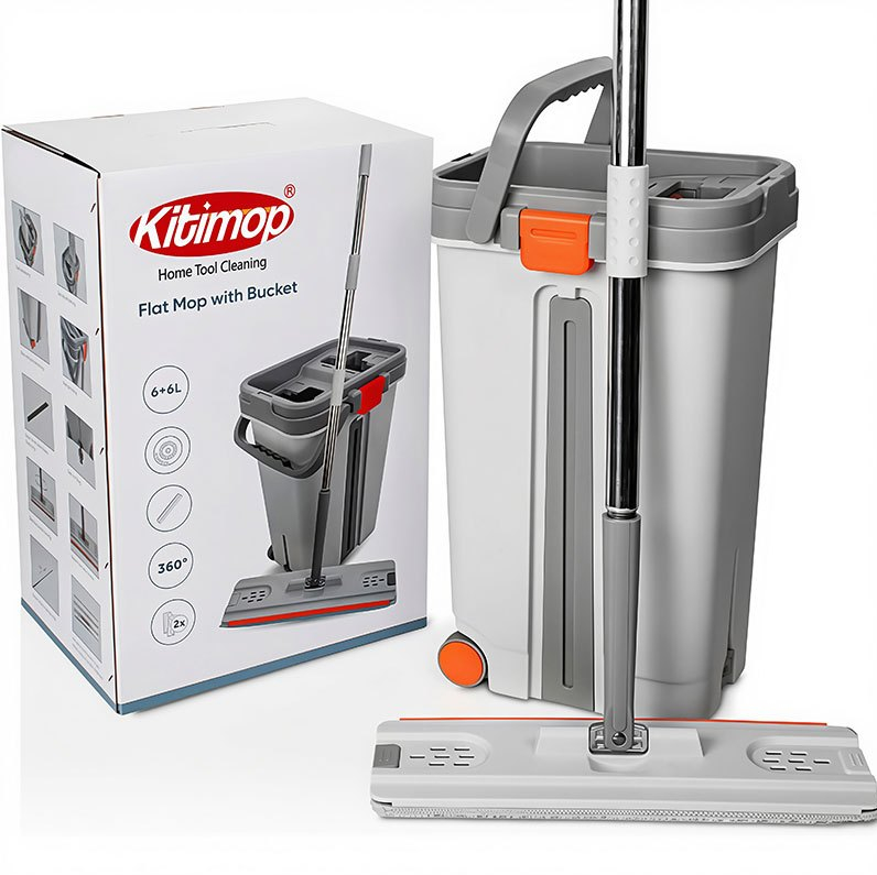 Bộ lau nhà tự vắt KITIMOP PRO MAX thùng 2 ngăn giặt vắt có bánh xe, bàn lau 38cm, kèm 3 bông lau