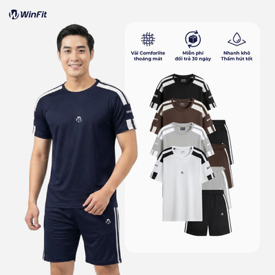 Bộ quần áo nam WINFIT MotionLine cổ tròn cộc tay, phối kẻ viền tay form basic WBN002