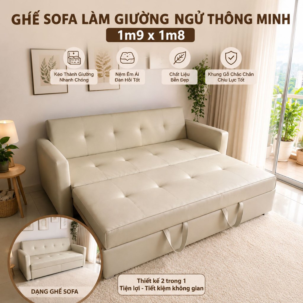 Ghế Sofa Làm Giường Ngủ Thông Minh 1m9 x 1m8 - Sofa Bed Đa Năng Kéo Thành Giường Tiện Lợi, Tiết Kiệm