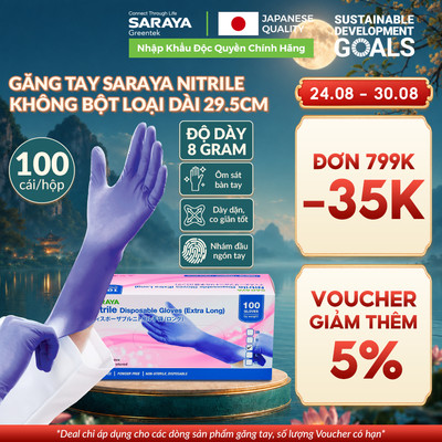Găng tay SARAYA Nitrile Dài 29.5cm, Không Bột, Dày 8Gr, dùng Chế biến thực phẩm, Vệ sinh y tế, Rửa chén - 100 cái/hộp