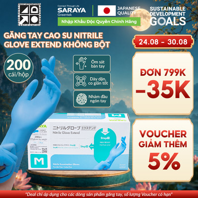 Găng tay cao su SARAYA Nitrile Glove Extend (Màu Xanh) Không Bột, dùng Chế biến thực phẩm, Spa, Vệ sinh - 200 cái/hộp