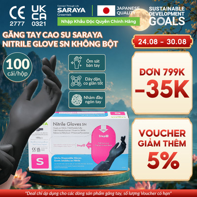 Găng tay cao su Saraya Nitrile Gloves SN màu đen, Không Bột, Không Latex, Dùng trong thực phẩm, Vệ sinh - 100 Cái/hộp