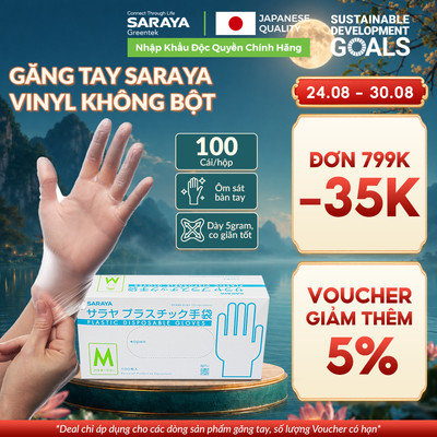 Găng tay Saraya Vinyl Không Bột trong suốt loại dày 5gram, dùng chế biến thực phẩm, vệ sinh - 100 cái/hộp