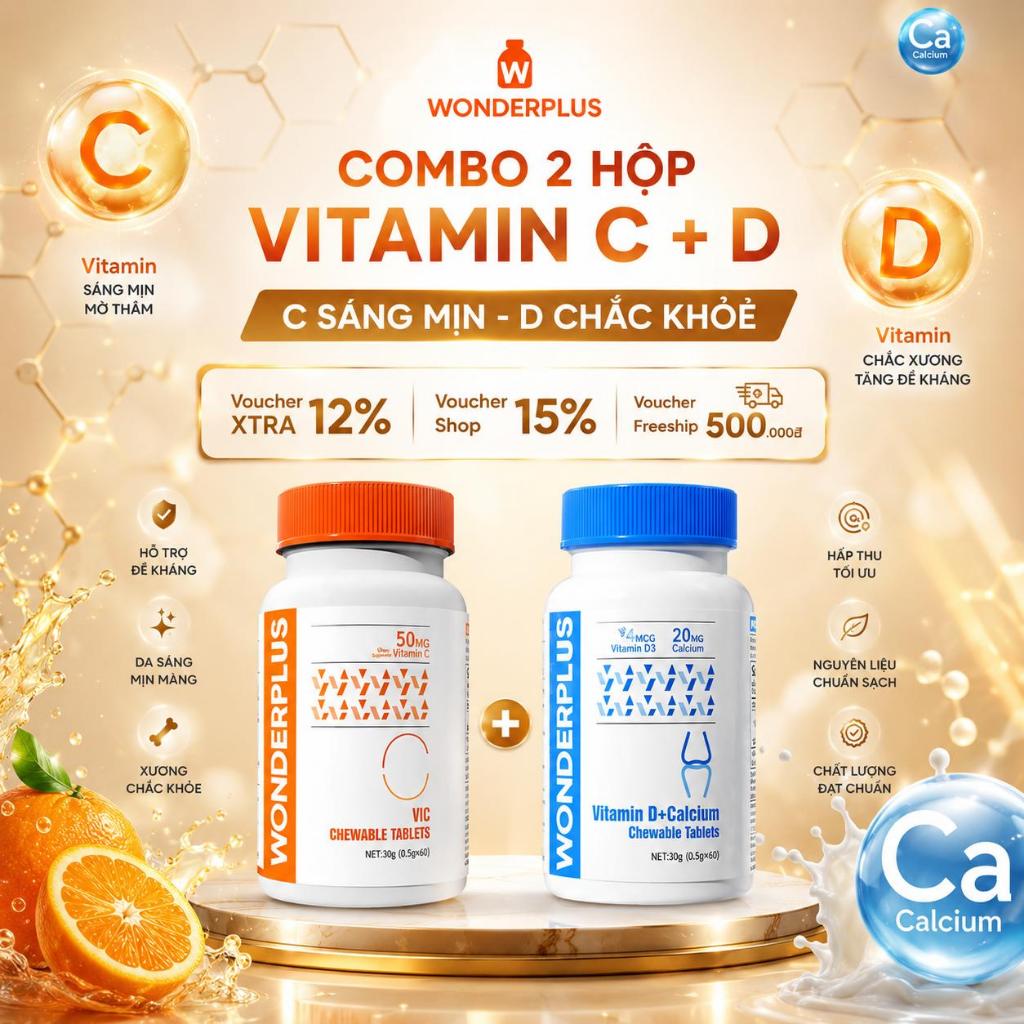 Combo Viên Nhai Bổ Sung Vitamin C 60 Viên + Vitamin D Wonderplus Giúp Làn Da…