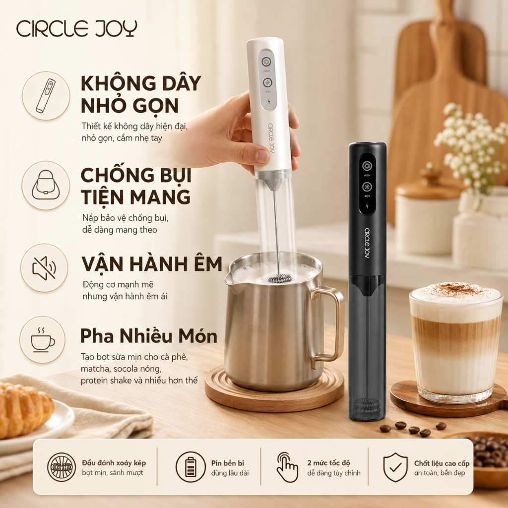 Máy Đánh Bọt Sữa CIRCLE JOY, 2 Tốc Độ Sạc Type-C Nhỏ Gọn Tiện Lợi, Pin 500mAh