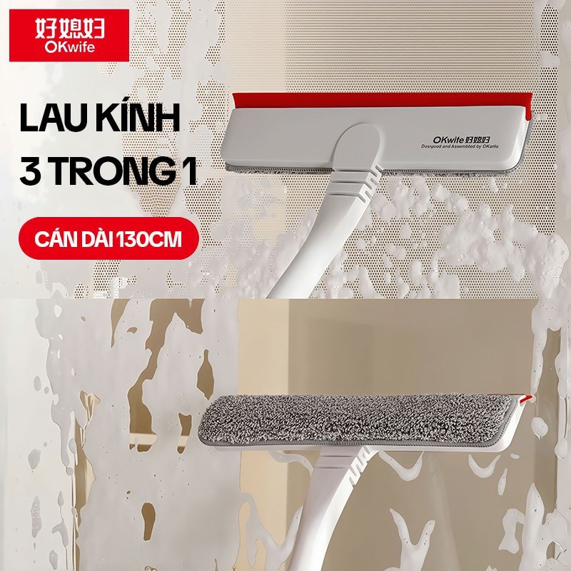 Cây Lau Kính OKwife HD-7309, Cây Gạt Kính Lau Kính Đa Năng 3 Trong 1, Cán Dài 130CM