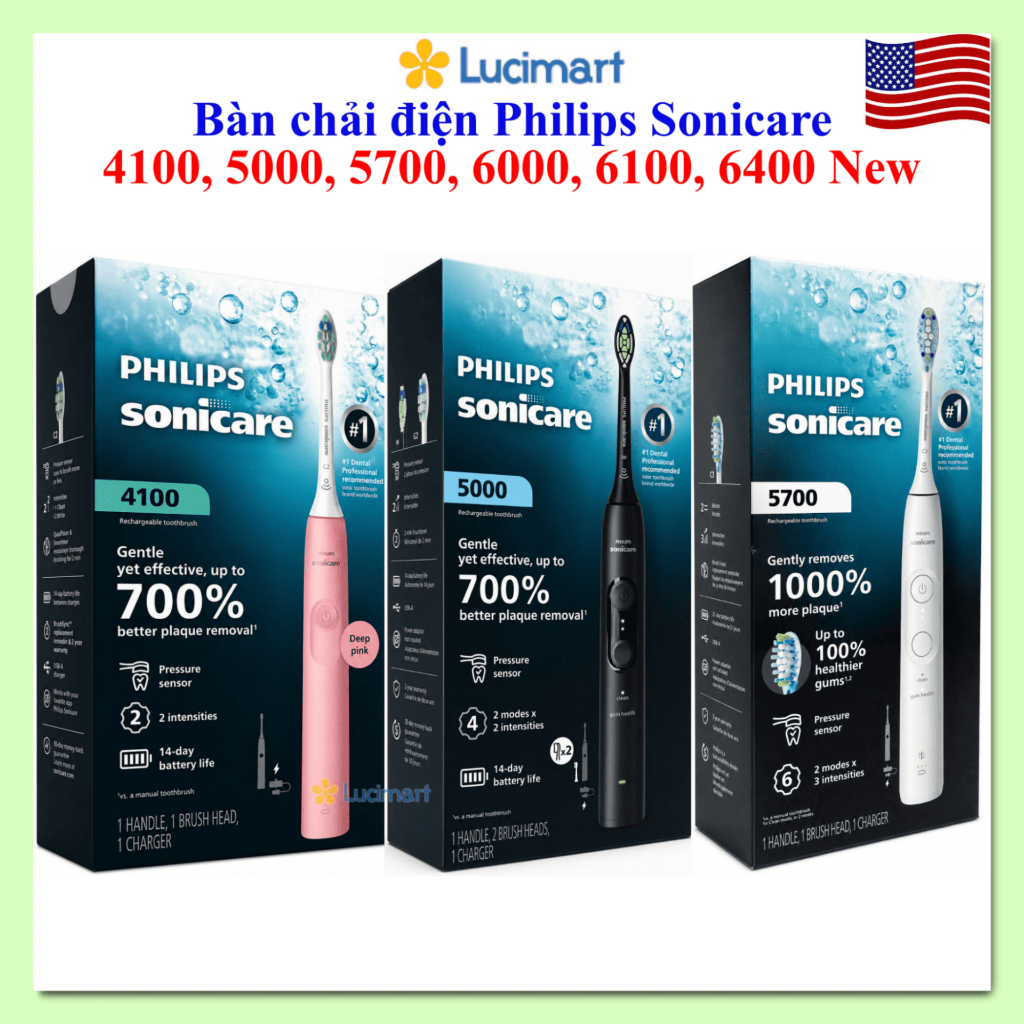 Bàn chải điện Philips Sonicare 4100, 5000, 5700, 6000, 6100, 6400 mẫu mới [Hàng Mỹ]