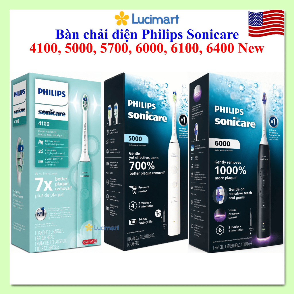 Bàn chải điện Philips Sonicare 4100, 5000, 5700, 6000, 6100, 6400 [Hàng Mỹ] Mẫu Mới